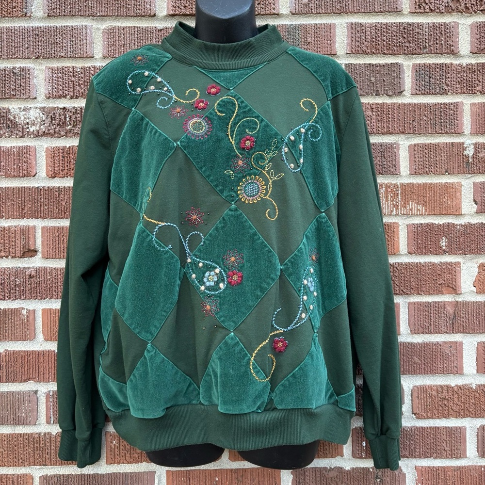 Vintage Alfred Dunner Floral paisley Embroidery Beaded Green Sweater Size Large